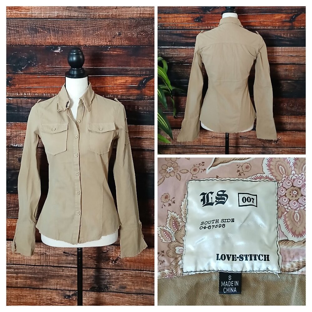 Love Stitch Top S Khaki Tan Military Cotton Boho Blouse Shirt Bell Cuff NEW